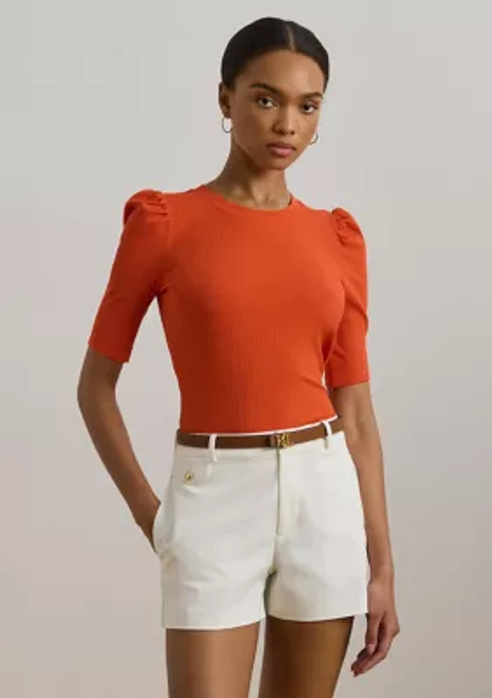 Cotton Blend Rib Knit Puff Sleeve T-Shirt