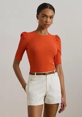 Cotton Blend Rib Knit Puff Sleeve T-Shirt