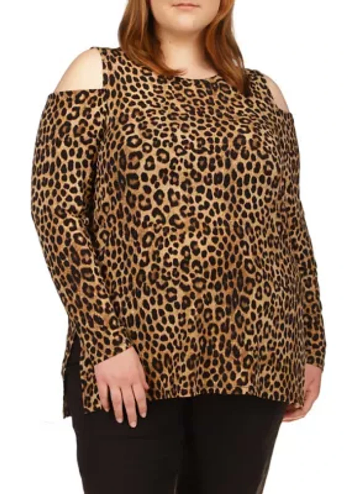 Plus Cheetah Long Sleeve Cold Shoulder Top
