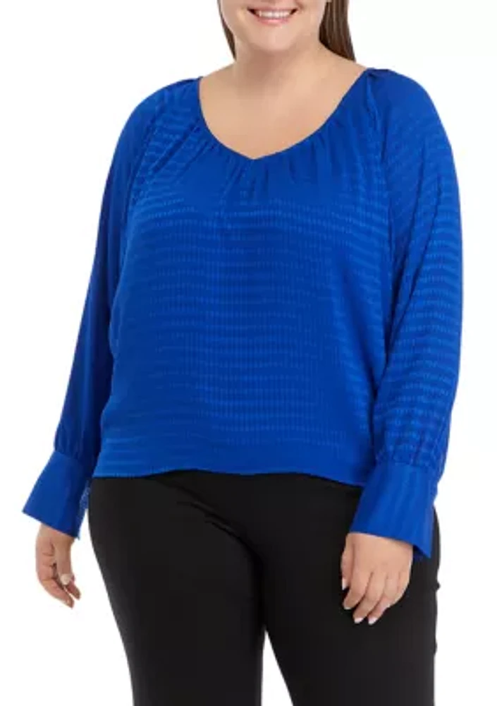 Plus Long Sleeve Tiled Chiffon V-Neck Top
