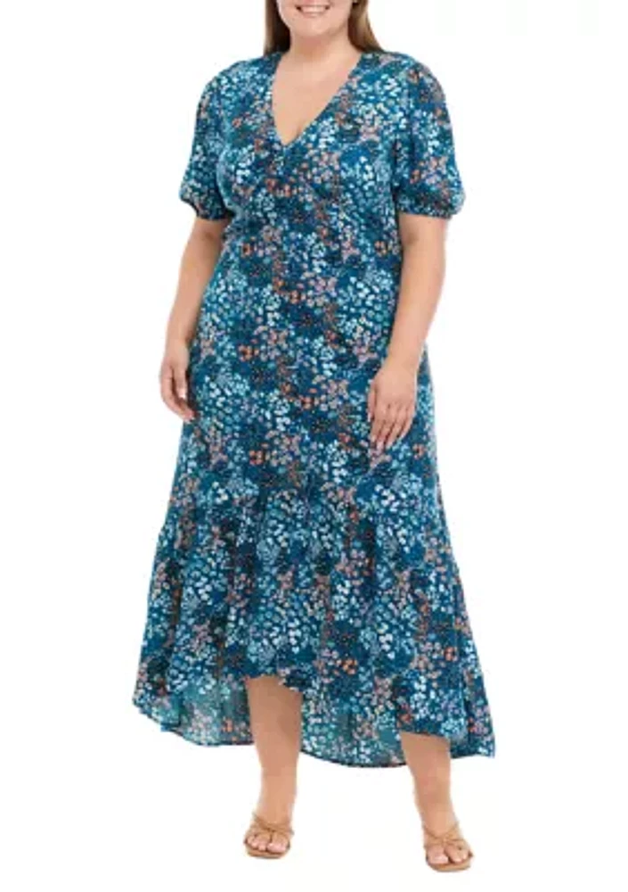 Plus Puff Sleeve Floral Midi Dress