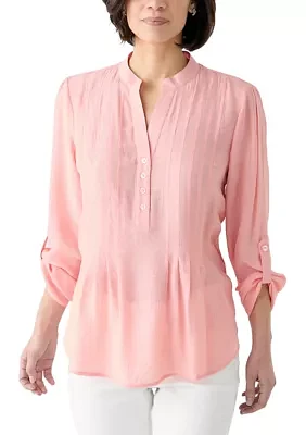 Petite Long Sleeve Pleated Henley Top