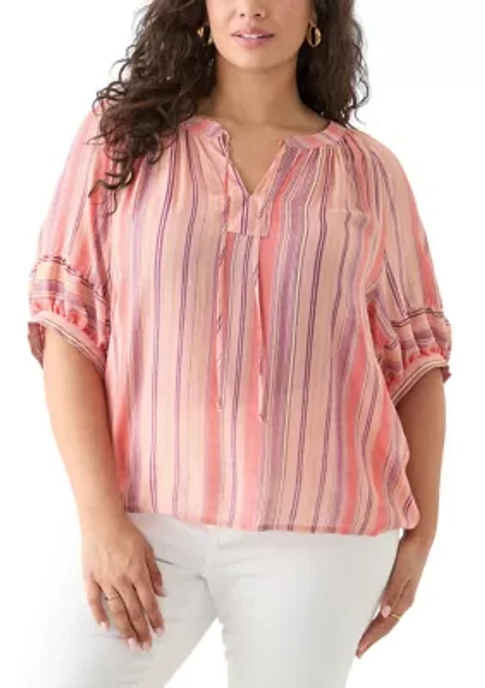 Plus Elbow Puff Sleeve Printed Blouse
