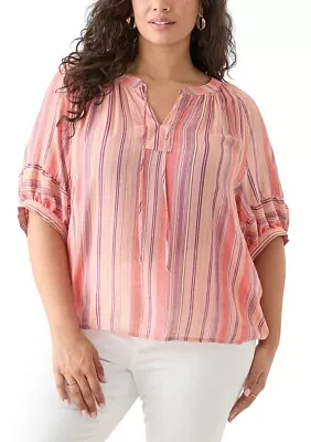 Plus Elbow Puff Sleeve Printed Blouse