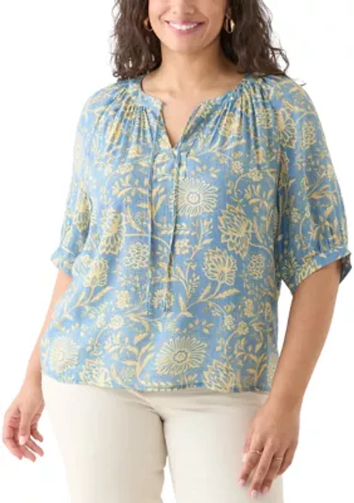 Plus Puff Sleeve Printed Peasant Blouse