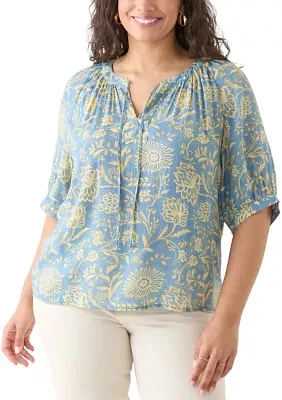 Plus Puff Sleeve Printed Peasant Blouse