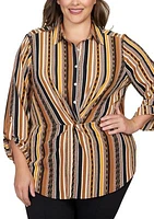 Plus Split Button Mixed Stripe Top