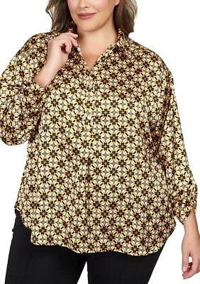 Plus Silky Spotted Geo Printed Split Button Top