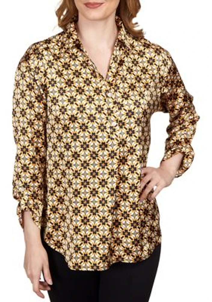 Petite Silky Spotted Geo Printed Split Button Top