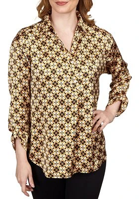 Petite Silky Spotted Geo Printed Split Button Top
