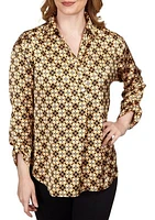 Petite Silky Spotted Geo Printed Split Button Top