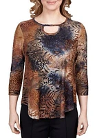 Petite Tie Dye Animal Print Keyhole Neck Top