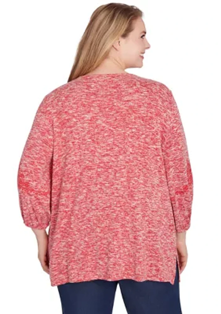 Plus Embroidered V-Neck Hatchi Spacedye Knit Top with Balloon Sleeve