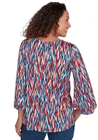 Petite Scoop Neck Ikat Dew Drop Printed Knit Top with Twist Front Detail