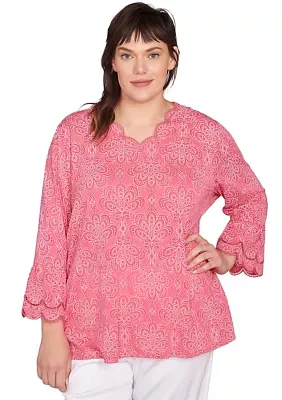 Plus Scalloped Puff Print Solid Burnout Top