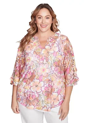 Plus Floral Printed Lace Lined Top