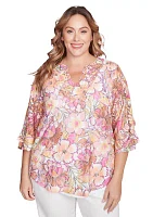 Plus Floral Printed Lace Lined Top