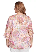 Plus Floral Printed Lace Lined Top