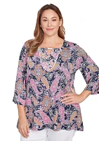 Women's Paisley Puff Print Beaded Neck Knit Top