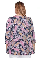Women's Paisley Puff Print Beaded Neck Knit Top