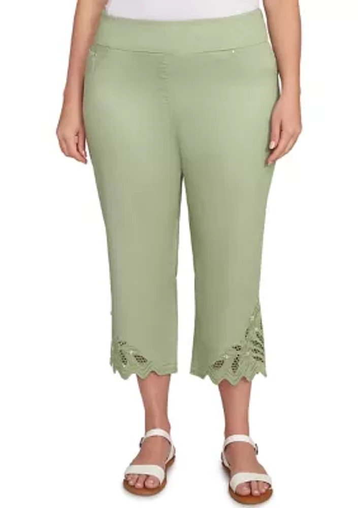 Plus Pull On Soft Denim Lace Inset Capri Pants