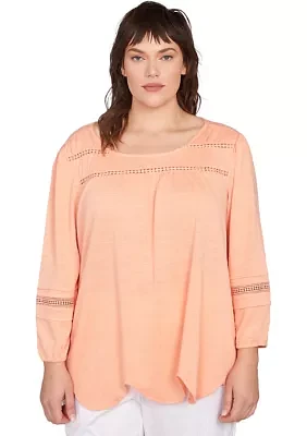 Plus Solid Slub Knit Lace Trim Top