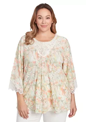 Plus Scoop Neck Watercolor Print Knit Top With Lace Trim