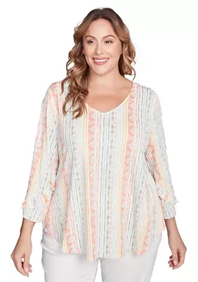 Plus Tropical Stripe Puff Print V-Neck Top