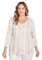 Plus Tropical Stripe Puff Print V-Neck Top