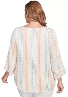 Plus Tropical Stripe Puff Print V-Neck Top