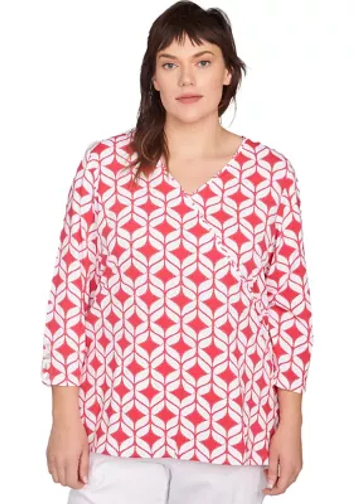 Plus Faux Surplice Geometric Print Knit Top