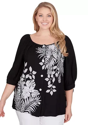 Plus Tropical Print Crepe Top with Ties