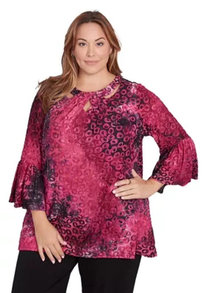 Plus Scoop Neck with Criss Cross Tie Dye Spots Jacquard Knit Shark Bite Top