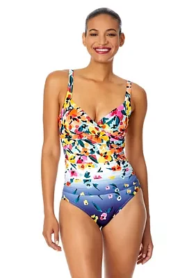 Gradient Floral Drape Front Underwire One Piece Swimsuit