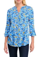 Women's 3/4 Roll Tab Sleeve Printed Henley Top