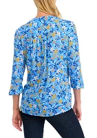 Women's 3/4 Roll Tab Sleeve Printed Henley Top