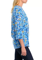 Women's 3/4 Roll Tab Sleeve Printed Henley Top