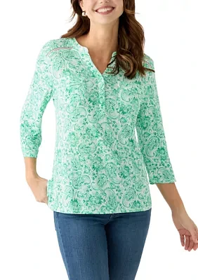Women's Knit Henley Trim Printed Top