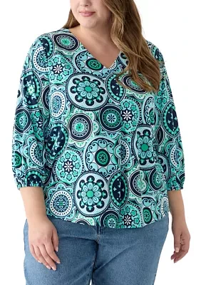 Plus Printed Pleated V-Neck Top