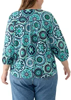 Plus Printed Pleated V-Neck Top