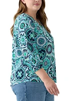 Plus Printed Pleated V-Neck Top