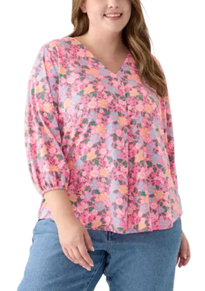 Plus Printed Pleated V-Neck Top