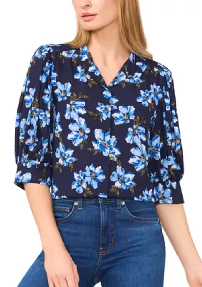 Women's Ruched Short Sleeve Floral Blouse
