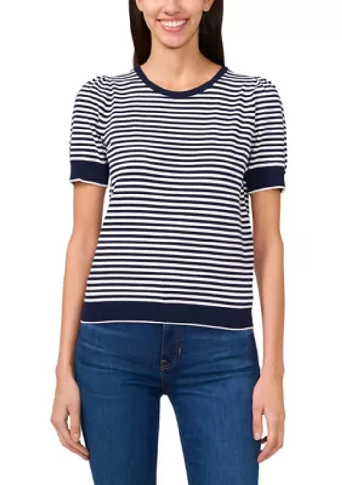 Women's Short Sleeve Pearl Back Stripe Sweater
