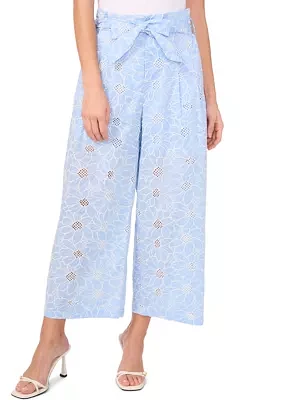 Women's Tie Waist Wide Leg Embroidered Pants