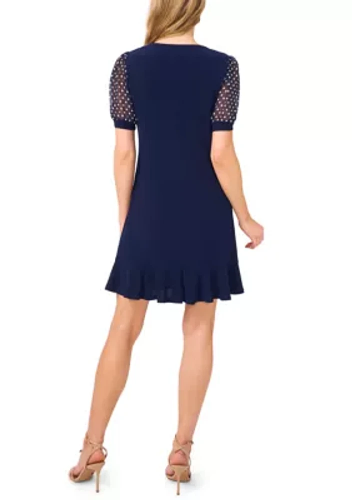 Women's Mixed Media Dot Print Ruffle Hem Dress