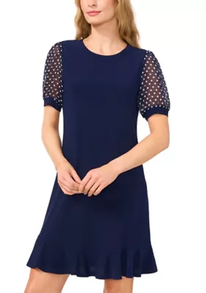 Women's Mixed Media Dot Print Ruffle Hem Dress