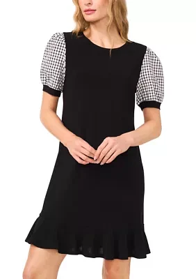 Women's Mixed Media Gingham Print Ruffle Hem Dress