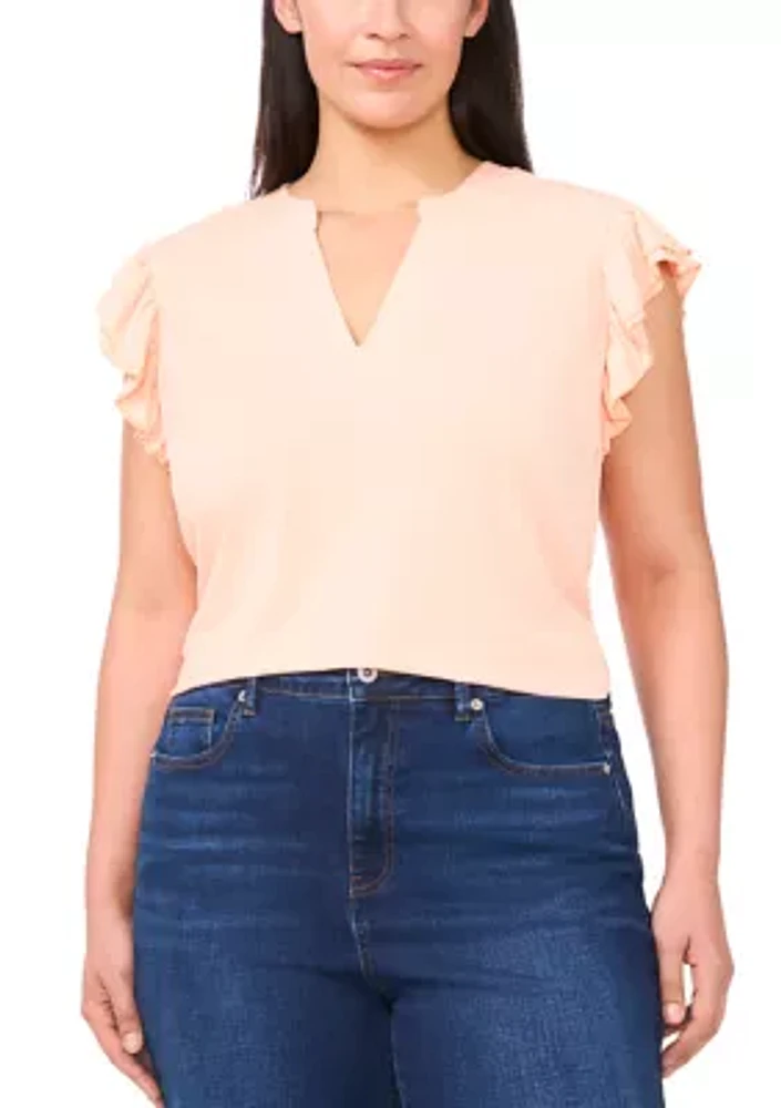 Plus Short Sleeve V-Neck Double Flutter Top