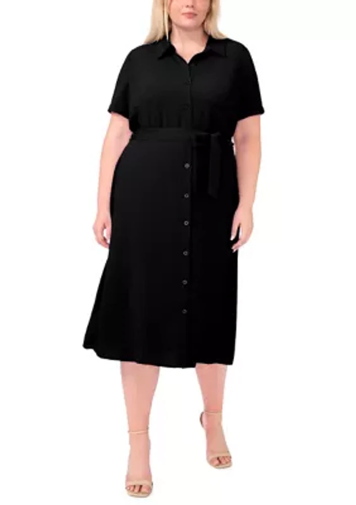 Plus Short Sleeve Button Down Midi Shirtdress